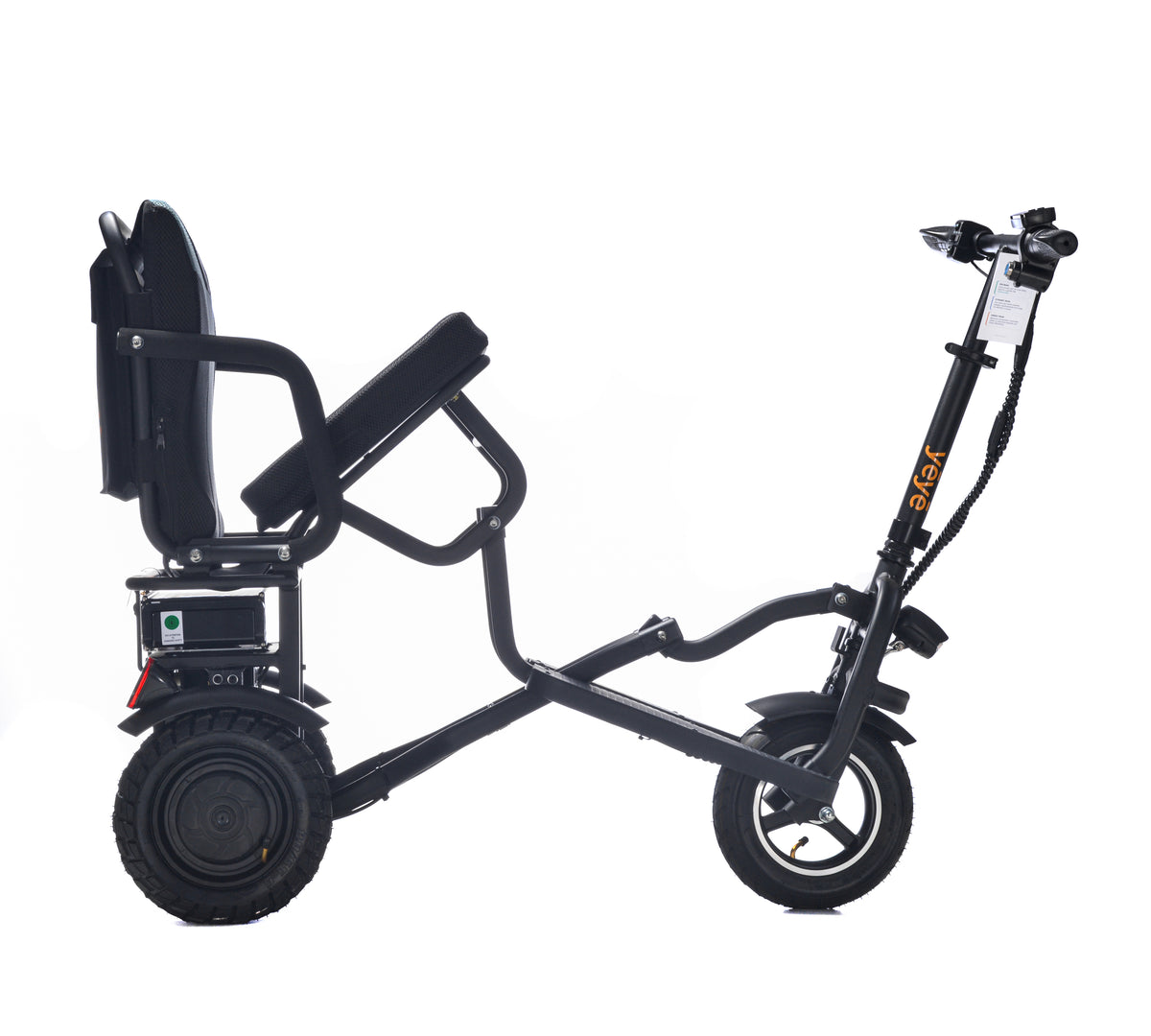 Vue de profil droit de la trottinette électrique 3 roues avec siège stable pour senior YĒYĒ POP 
